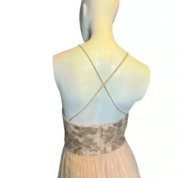 AMSALE Dress 14 Sequin Embellished Maxi Halter Neck Tulle A-Line Cocktail Beige - Picture 4 of 14